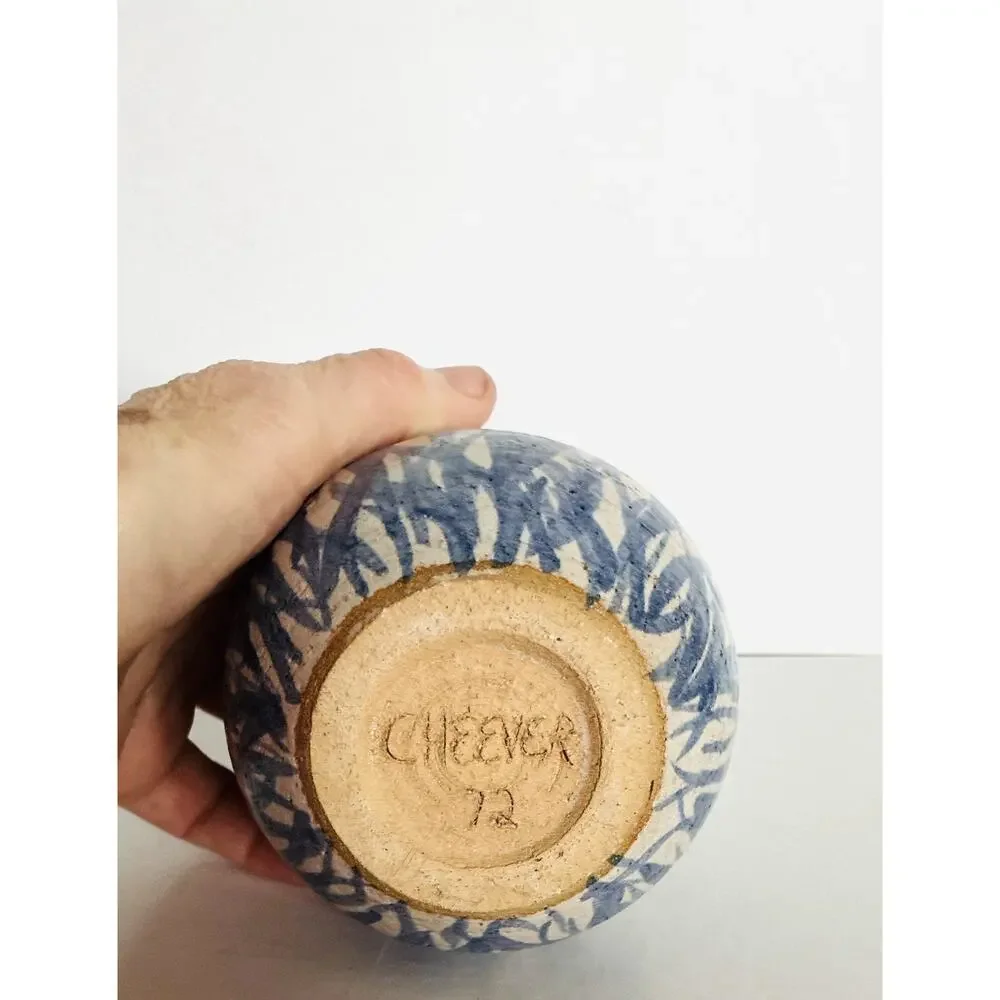 Vintage Blue Bamboo Hand Thrown Round Bottom Slender Neck Signed 1972 Pottery